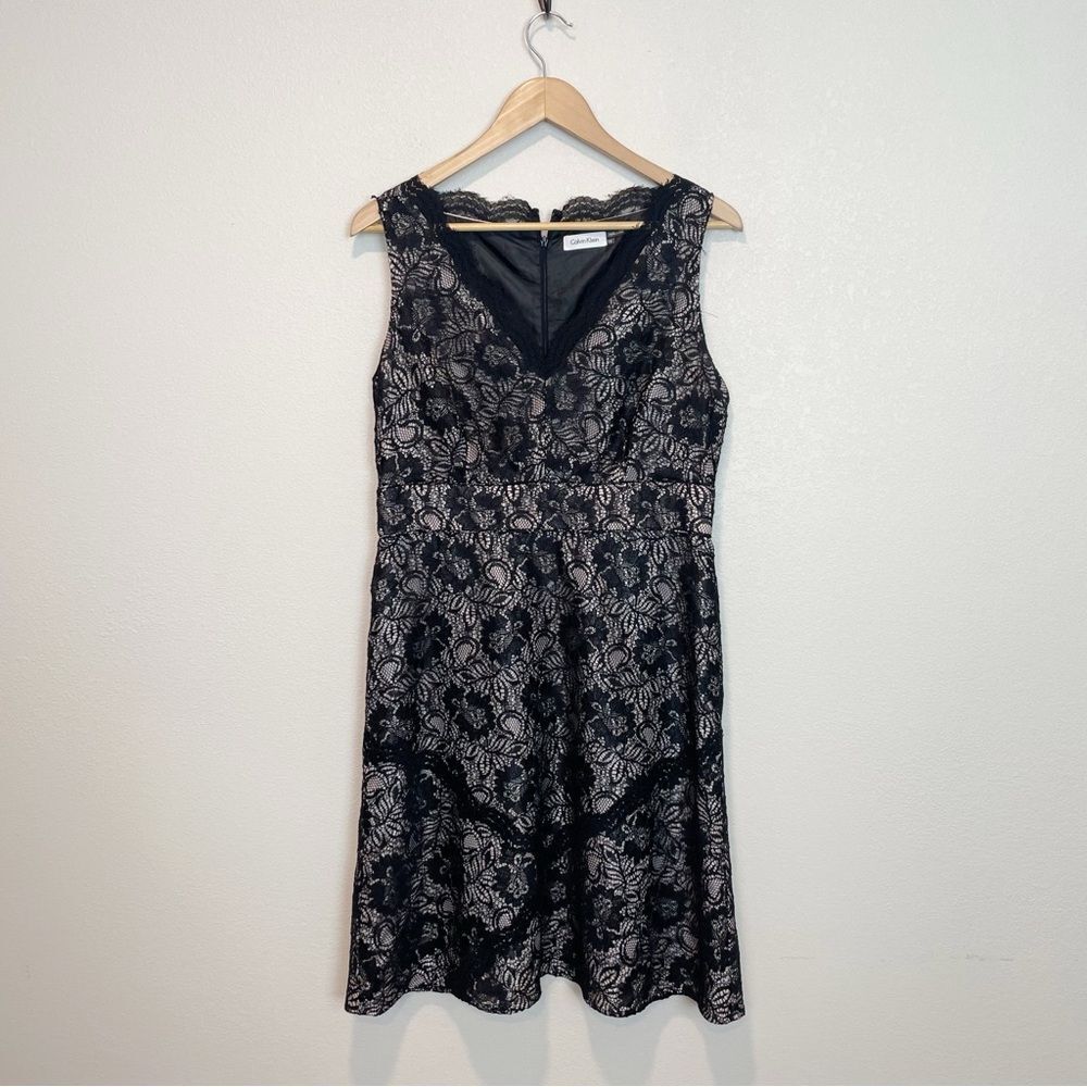 Calvin Klein Lace Nude V Neck A Line Cocktail Black Tie Dress Size 10 Formal